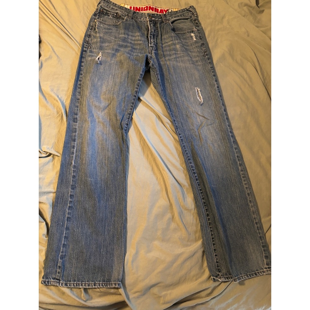 Unionbay Mens Distressed Straight Leg Blue Denim Jeans 34x34 Vintage Y2K Style
